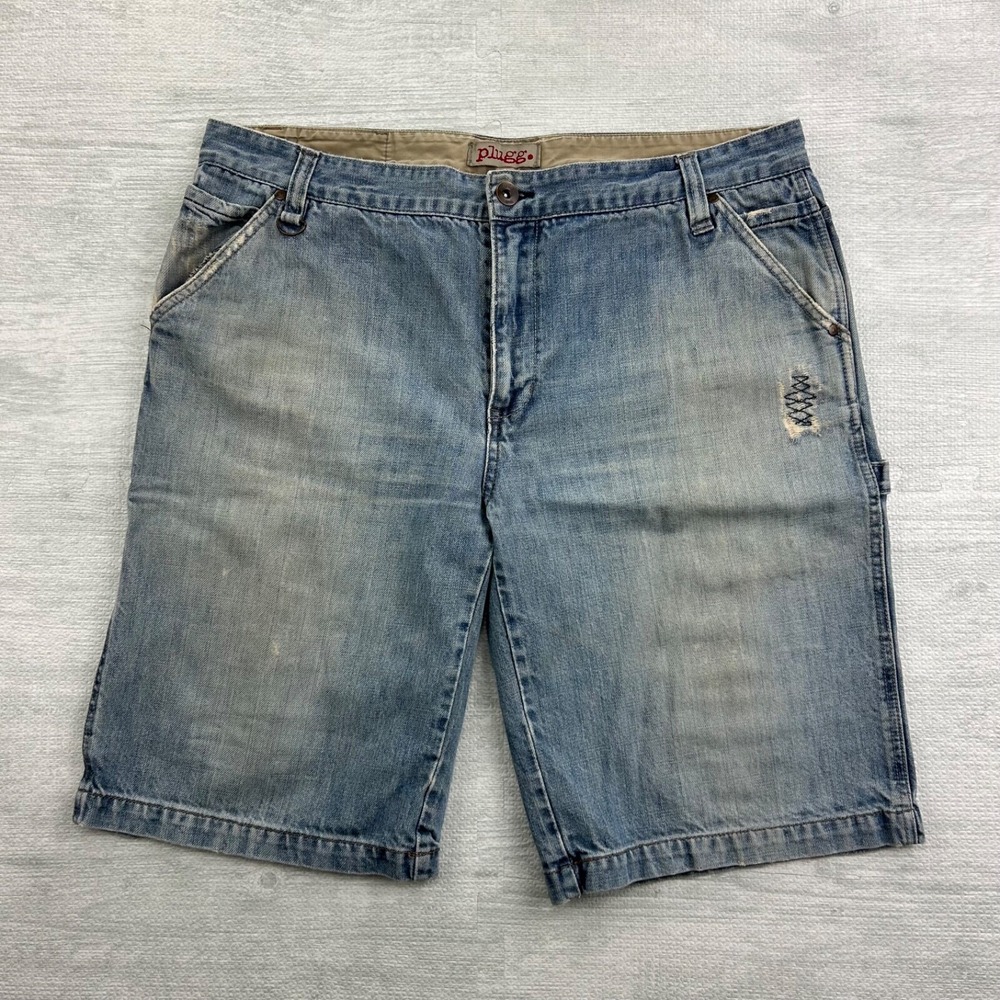 Vintage Y2K Plugg Carpenter Shorts Size 38 Blue Light Wash Denim Baggy Skater